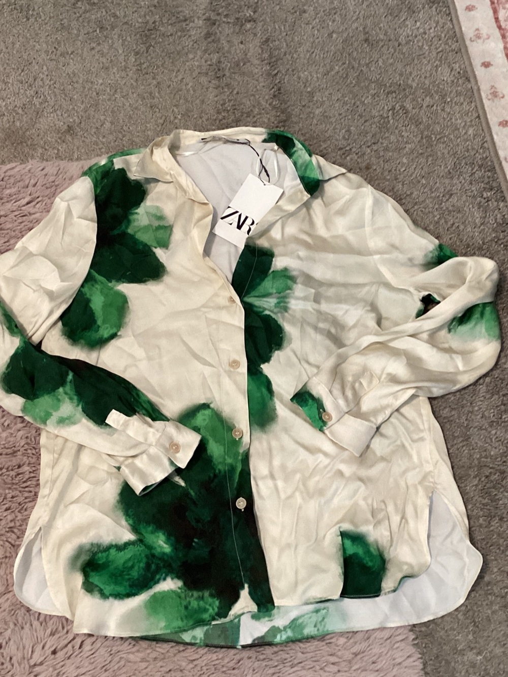 ZARA Women's Ivory Blouse with Green Watercolor Print And Pant Set.